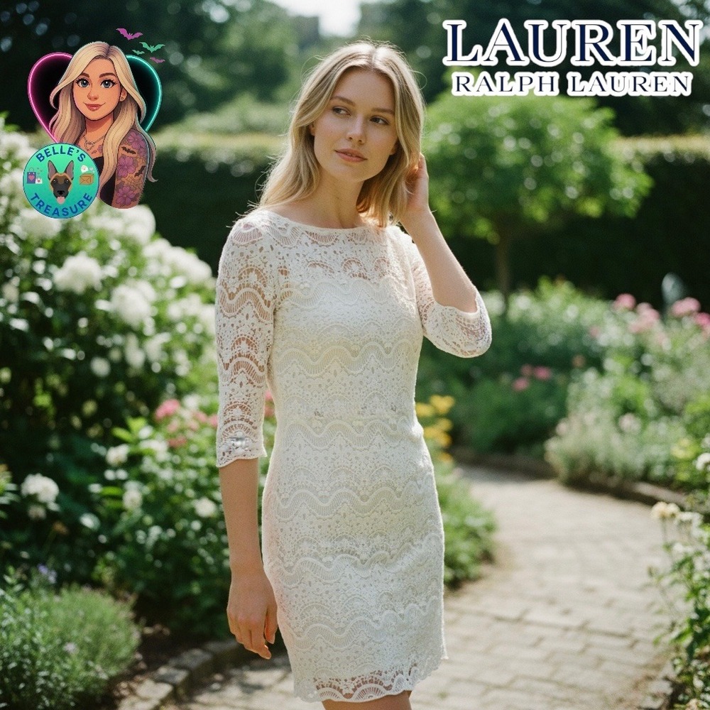 Ralph Lauren LRL Dress Women's XS Ivory Lace Sheath Midi Coquette Cottage Bridal
